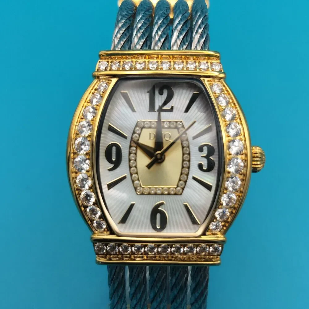DMQ Women's Gold Tone Cubic Zirconia Mother of Pearl Dial Cable Bangle Watch